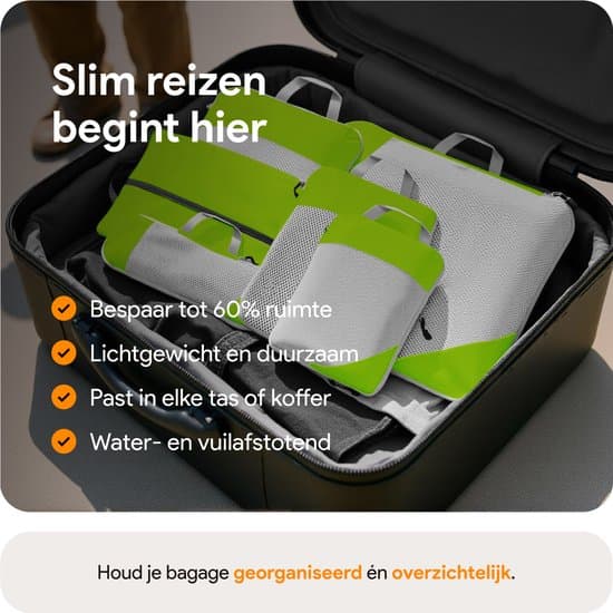 Komprimeringspackväskor 6-pack, 60 % platsbesparande reseorganisatör med skopåse, lätt ripstop-polyester, grön