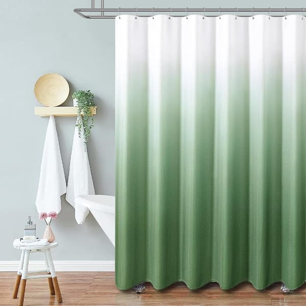 Mögelresistent duschdraperi, våffelvävd polyester Ombre gradienttyg med 12 krokar, för badrum hotell spa, grön 180x180cm