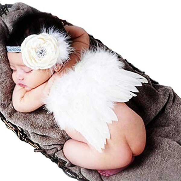 Nyfödd baby fotografering rekvisita Fjäder ängelvingar och strass pannband sæt baby hår accessoarer foto rekvisita Vit