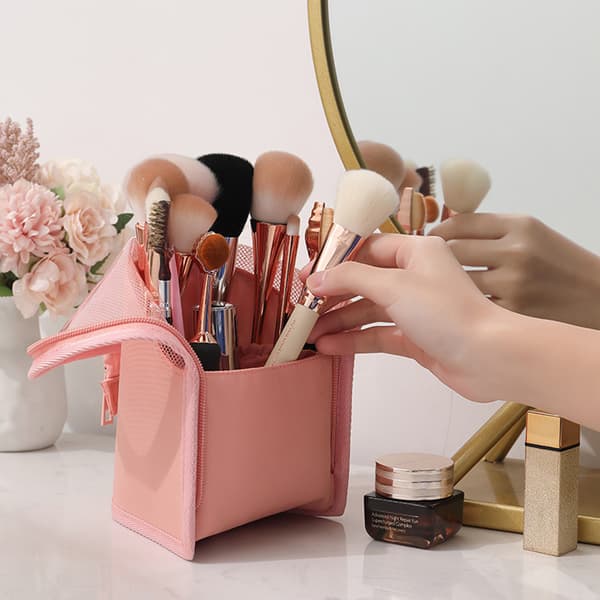 Travel Makeup Brush Bag Portable Makeup Brush Holder Organizer Waterproof Standing Practical Mesh Case Black