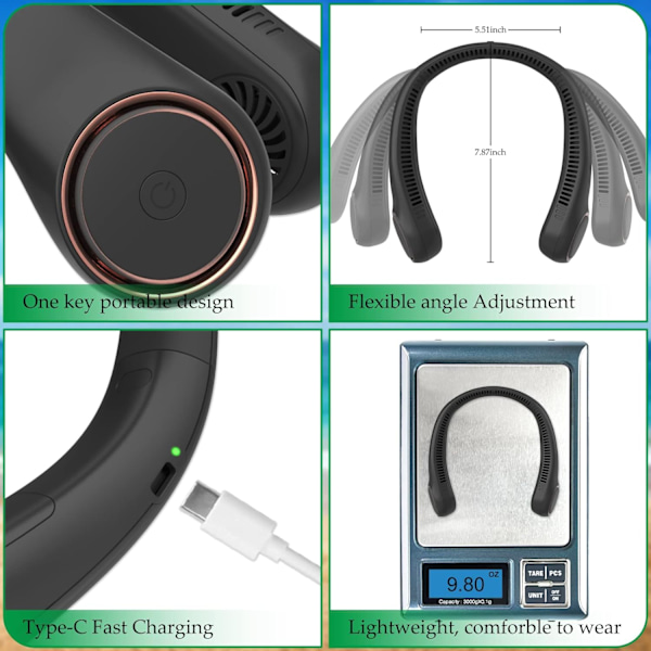 Mini Halsventilator BNF0688 USB Håndfri 3 Hastigheder, (NY UFORSEGLET) SORT