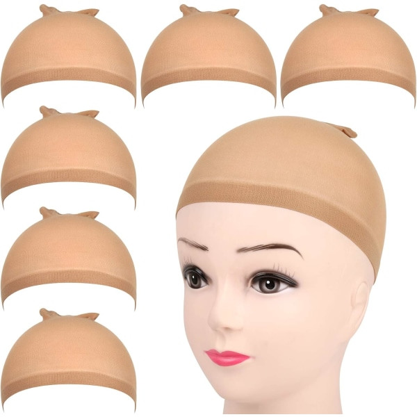 TG 6 st Ljusbrun Elastisk Strumpa Peruk Cap - Unisex Nylon Stretch med Close End Hår Kepsar, Andas Brun Hud Ton Peruk Strumpa Cap