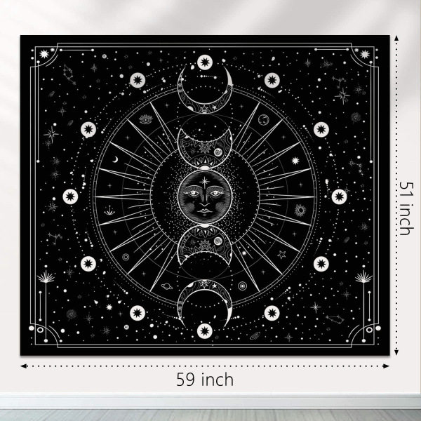 Sol Måne Gobeläng Psykedelisk Sort og Hvid Vægtapet Vægtapet til Vægdækning i Soveværelset (Mystisk Sort, 51,2x59,1 tommer, 130x150 cm)