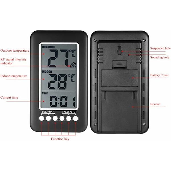 LCD Digitalt Termometer ℃ / ℉ Digitalt Indendørs/Udendørs Termometer Ur Temperaturmåling med Sender