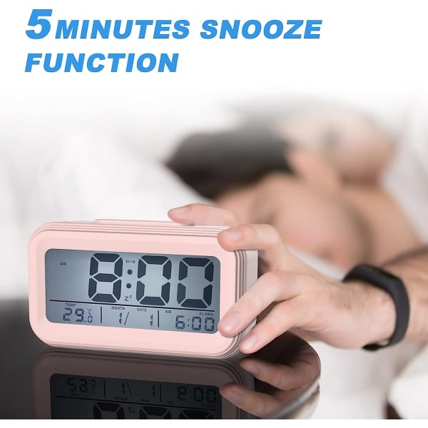 Digital väckarklocka Morgonväckarklocka, tyst batteridriven digital väckarklocka för barn Vuxna Stor LED-display Temperaturkalender, rosa