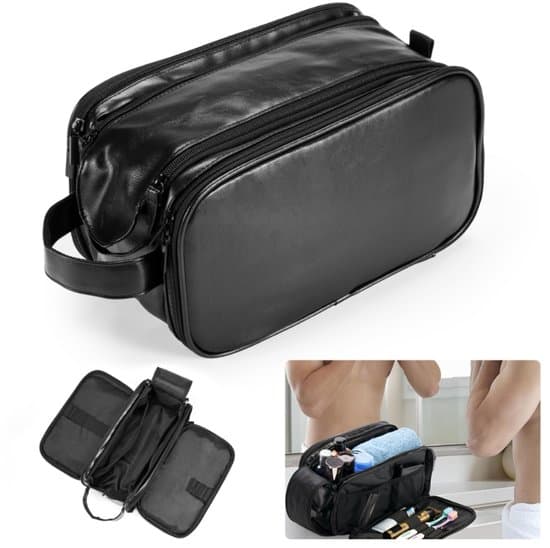 YONO Toilettaske til mænd, PU læder Dopp Kit med krog, stor vandafvisende rejsebarbertaske med flere rum, sort