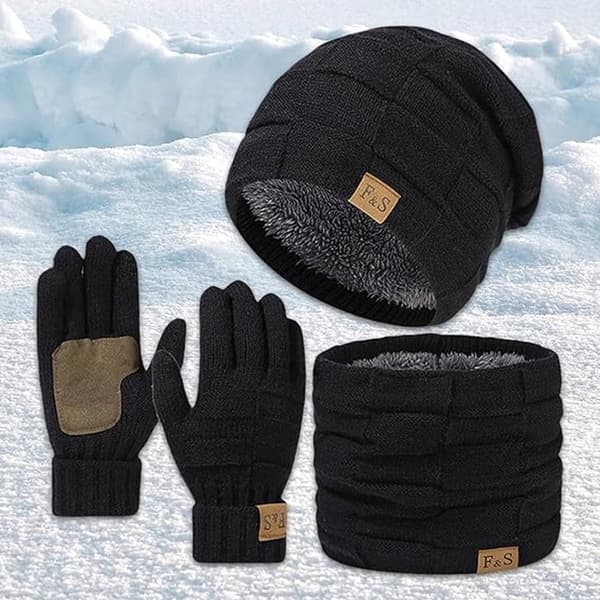 Vinterset för män med mössa, halsduk och pekskärmshandskar, 3 delar, varm stickad med fleecefoder, svart, accessoarer för kallt väder, en storlek