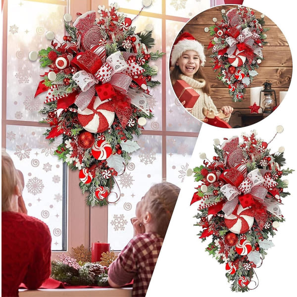 Christmas Teardrop Krans, Candy Cane Jul Krans Xmas Ornament Swag Wreath Band Kotte Dörrfäste Teardrop Swag Wreath (2-b-b)