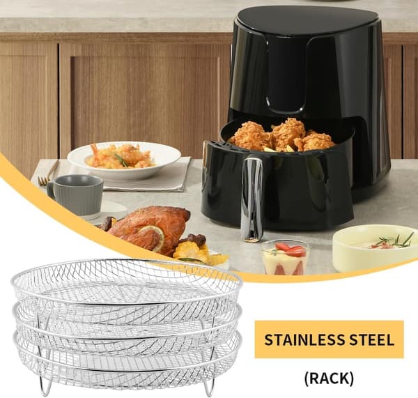Airfryer tilbehør, 3-lags stabelbar tørrestativ, rustfrit stål med oliebørste og klips, passer til 4,2-5,8 QT