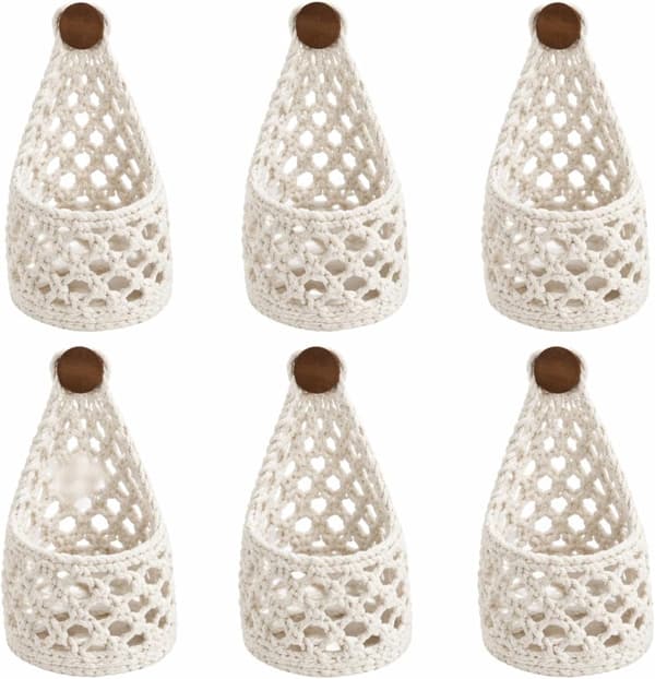 Makrame Väggkorgar för Växter, Handvävd Bomull, Platsbesparande Inredning för Vardagsrum, Set om 6, Vit, 13 x 24 cm