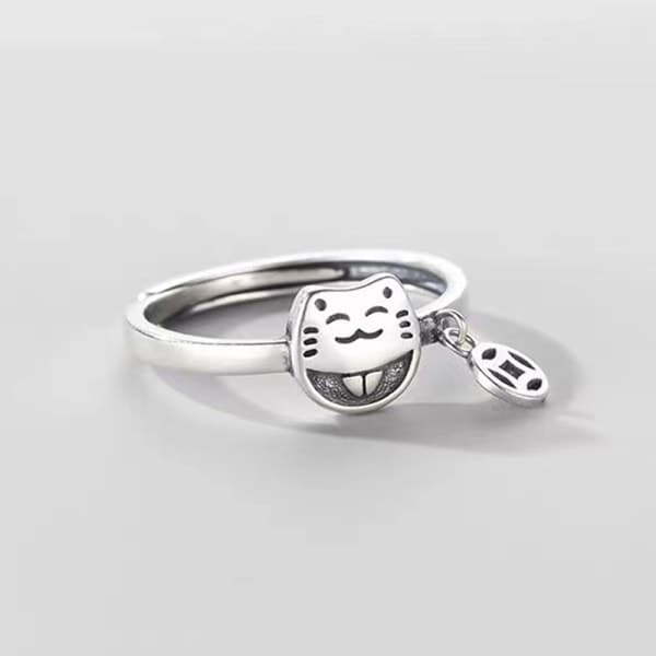 S925 Silver Kopparmynt Lyckokatt Retro Justerbar Pekfinger Ring - Perfekt