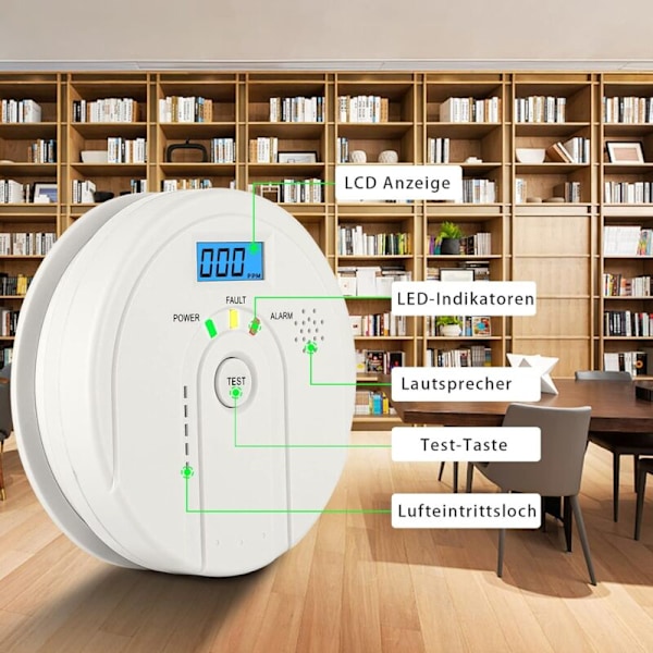 Kolmonoxidvarnare 85 DB, CO-detektor med LCD-display, EN 50291 Batteridriven kolmonoxidvarnare (3 AA-batterier ingår ej)