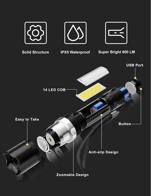 LED-taskulamppu, taskulamppu LED latautuva 600 LM, 3 tilaa USB-lataus minitaskulamppu vedenkestävä IPX5