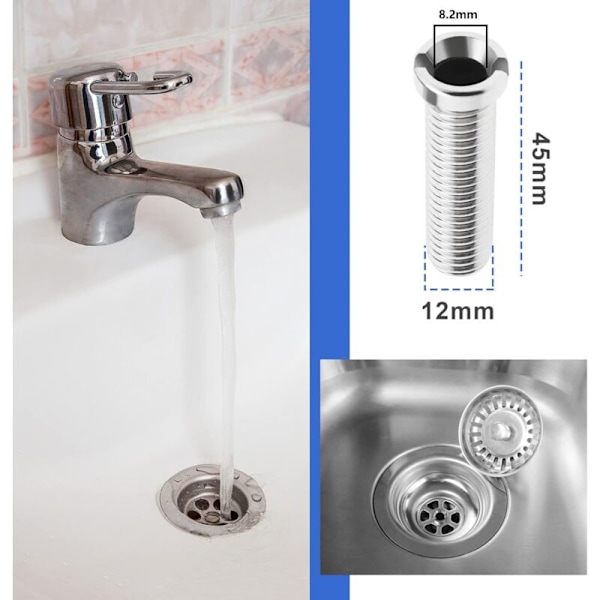 2 stk 304 Rustfritt Stål Kjøkkenvask Sil Skruer Avfallsil Gjenget Skruekobling M12×45mm Vask Bolt Skrue for Vask Sil Propp
