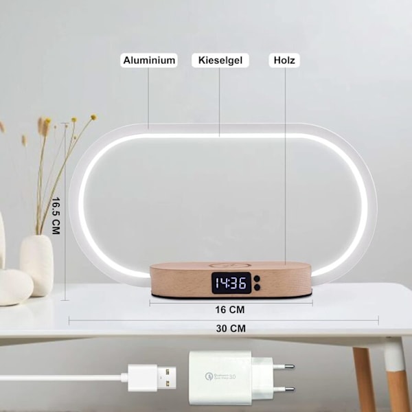 Trådløs Lader Nattbordslampe, Berøring med USB-port, Induksjonslader med Klokke, Bordlampe med 3 Fargemoduser og Dimbar, Tre & Hvit