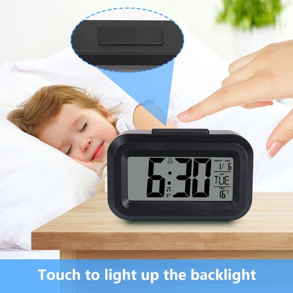 Sort digitalt vækkeur til børn – 12/24t, snooze, temperatur, dato, bærbart med LED-display