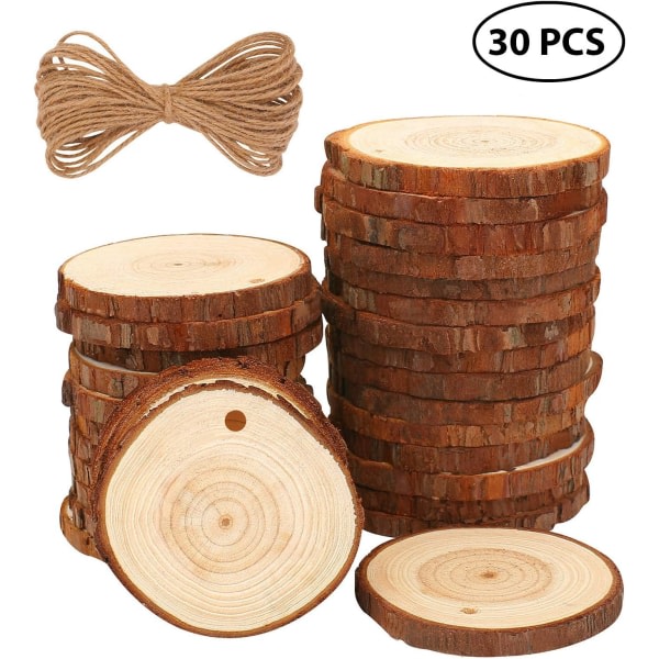 Runda dekorative træskivor med hul 30 x 6-7 cm træstockskivor 10 m bomuldssnöre for gør-det-själv håndgjorda bröllopspyssel Juldekoration