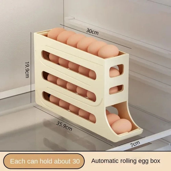 4-lags eggestativ for kjøleskap Eggdispenser Automatisk rullende eggbrett Oppbevaring 30 eggbeholder Beige