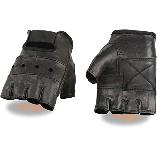 Handskar i sort läder, fingerlösa, med vadderad handflata