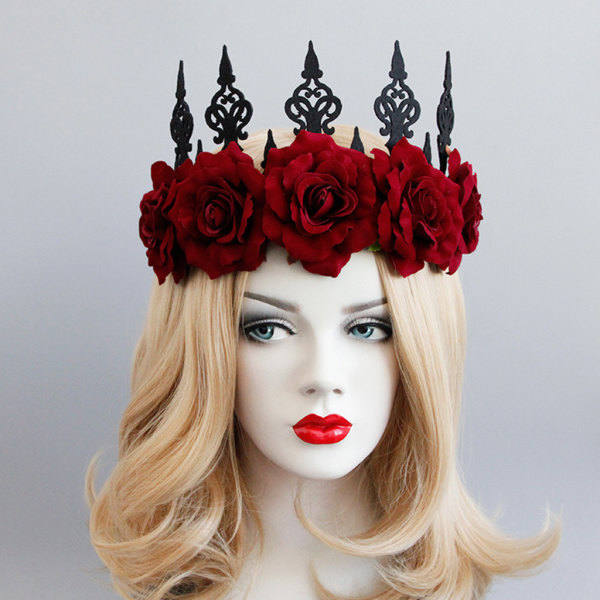 Lady Queen Hodekrans Vintage Gotisk Svart Krone Røde Roser Tiara Pannbånd H