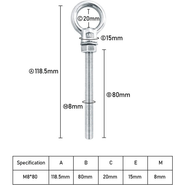 Galaxy 4 stykker ögonbult 316 øjenbult i rostfritt stål Long Eye Bolt（M8 x 80 mm）