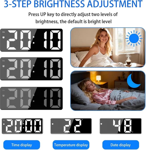 LED Spegel Digital Väckarklocka med Temperatur- och Datumvisning, Automatisk Dimmer, Dubbla Larm, USB-driven, Tyst för Sovrum Kontor