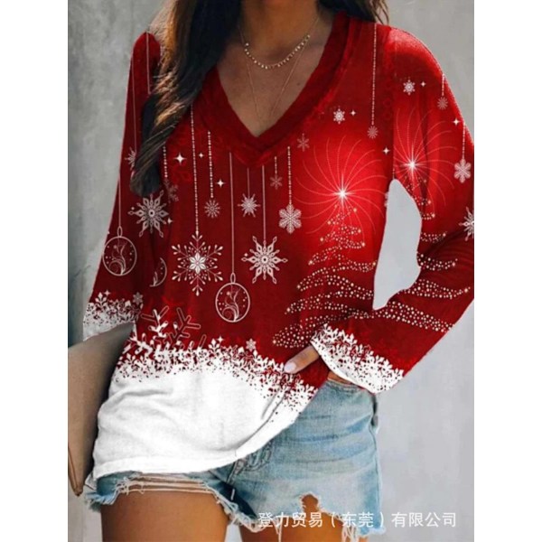 Oberoende Station Ny Europeisk och Amerikansk Jul Långärmad V-ringad Topp Casual Lös Amazon Damkläder 1 model XL