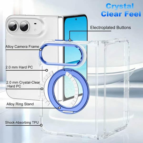 Magnetiskt fodral för Google Pixel 9 Pro Fold, kristallklar PC-baksida med flexibel TPU-ram, 360° roterbart ringstativ, blått