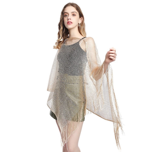 Dame sommerponcho med solbeskyttelse og pomponer, lys guld glitrende