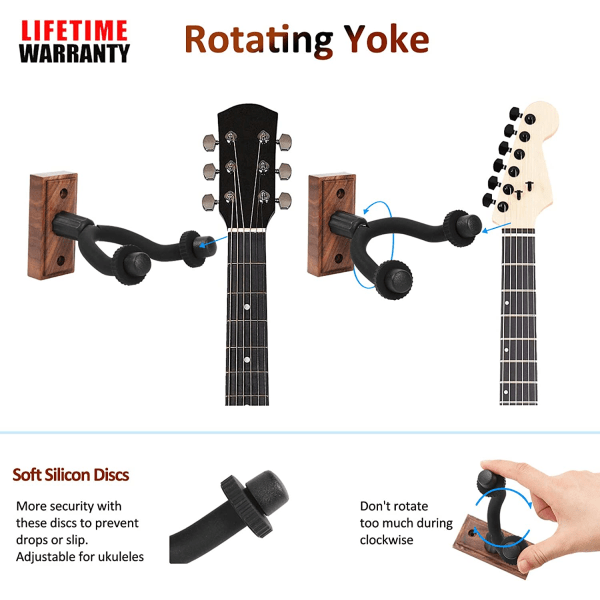 Gitarrväggfäste Hängare 2-pack, svart valnöt väggkrok Hållare Stativ för akustisk elektrisk gitarr bas Ukulele.