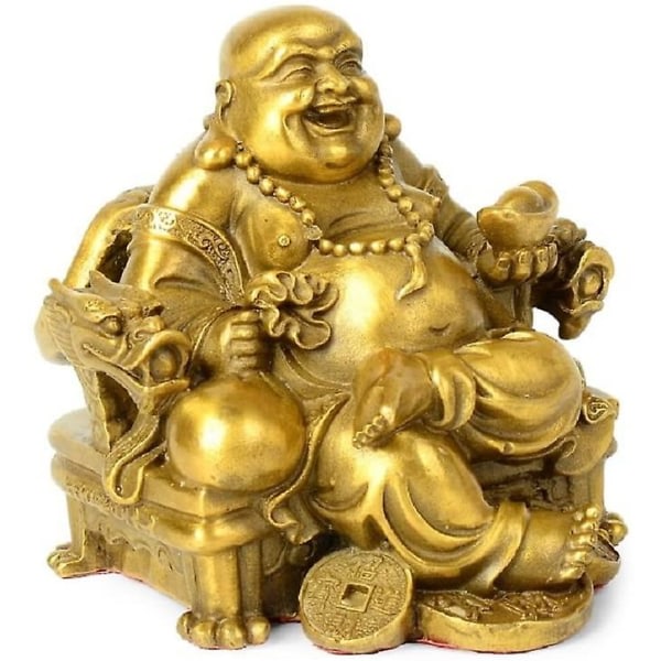 Feng Shui Buddha Staty Lucky God of Wealth, Laughing Buddha på Emperor Dragon Chair, Messing Buddha Staty och Skulptur Heminredning Grattispresent