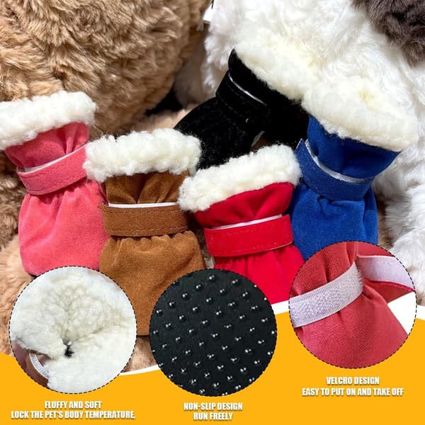Vinterhundskor med varmt fleecefoder, halkfri gummisula och justerbara remmar för små hundar och valpar, brun, storlek S, 4-pack
