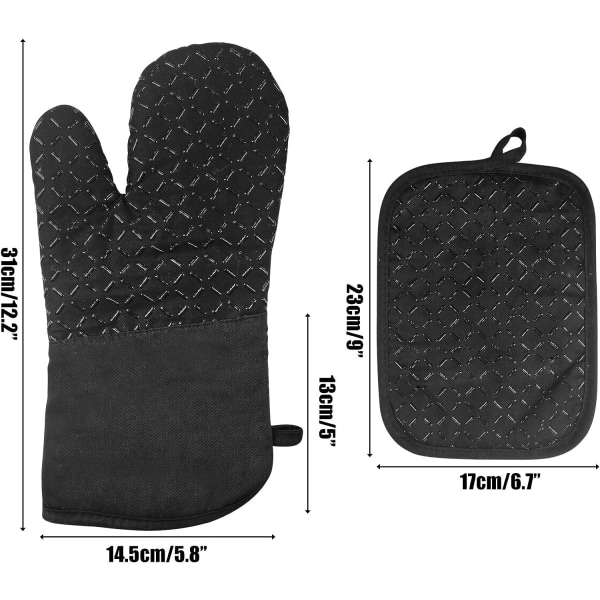 Sett med 4 ovnshansker i silikon - Varmebestandig opptil 300°C - Sklisikker - For kjøkken, baking, BBQ - Svart NO:3