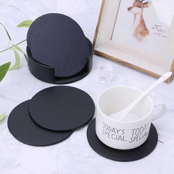 6-pak vendbare coasters i sort PU-læder med holder sort
