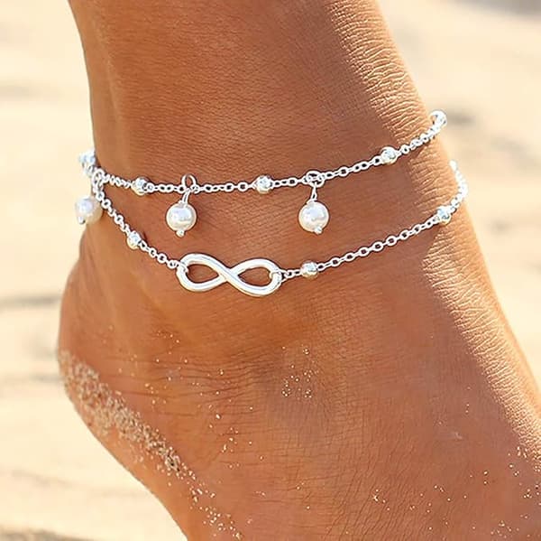 Boho Dobbeltlags Perlekæde Ankelkæde Infinity Vedhæng Legering Ankelarmbånd til Kvinder og Piger Sølv