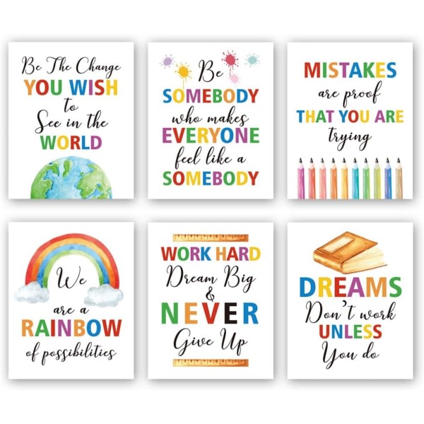 Färgglada ordkonsttryck, set om 6 (8"X10"), inspirerande citt Motiverande ordspråk Canvasaffisch, Rainbow World Crayon Ink Splatters Wal