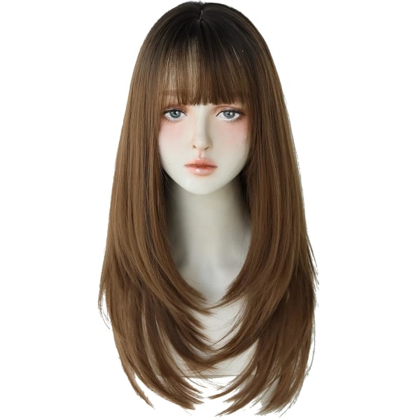 TG Hårfärgningsperuk for kvinner Syntetisk hår Naturlig lang rak peruk med lugg (25 tum, Honey tea Dye Top Black)