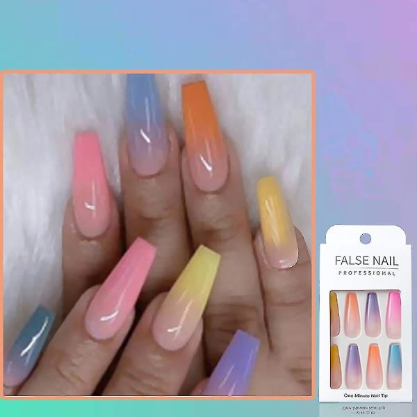 48 st Press On Nails Kista, Långa falska naglar Regnbåge Gradient Färg Blank Akryl Ballerina lösnaglar för nais- ja flickor Rainbow--