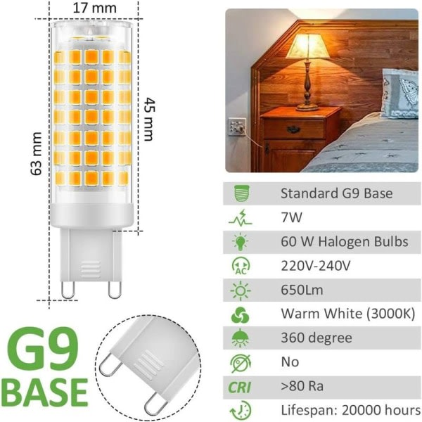 G9 LED-glödlampa, inget flimmer 7W LED-lampor Varmvit 3000K, 650LM, Energisparekvivalent 60W halogenljus, 360 graders vinkel