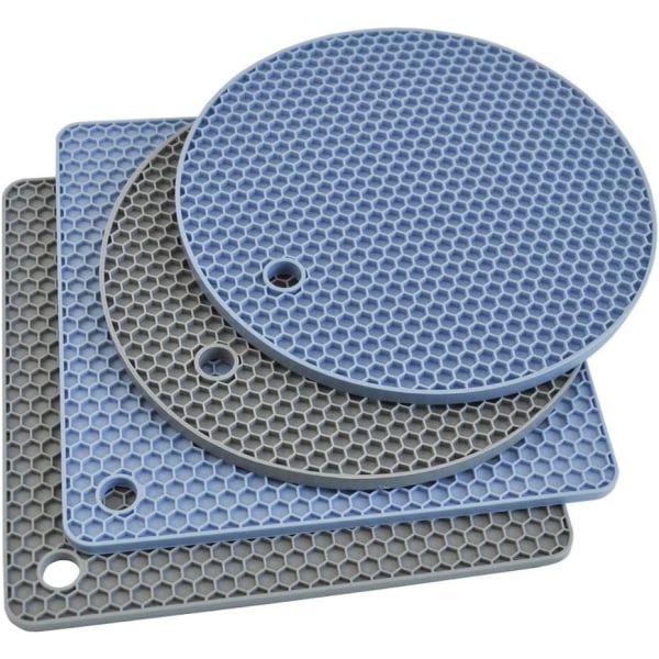 4-pack silikonunderläggsmattor, grå och blå, silikongrythållare för