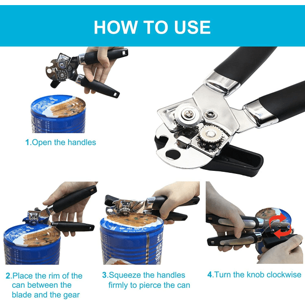 Manuaalinen ruostumattomasta teräksestä valmistettu konservinavaaja, jossa on suuri kääntöpyörä ja terävä terä Professional Heavy Duty, Ergonomisesti suunniteltu sileä reuna J