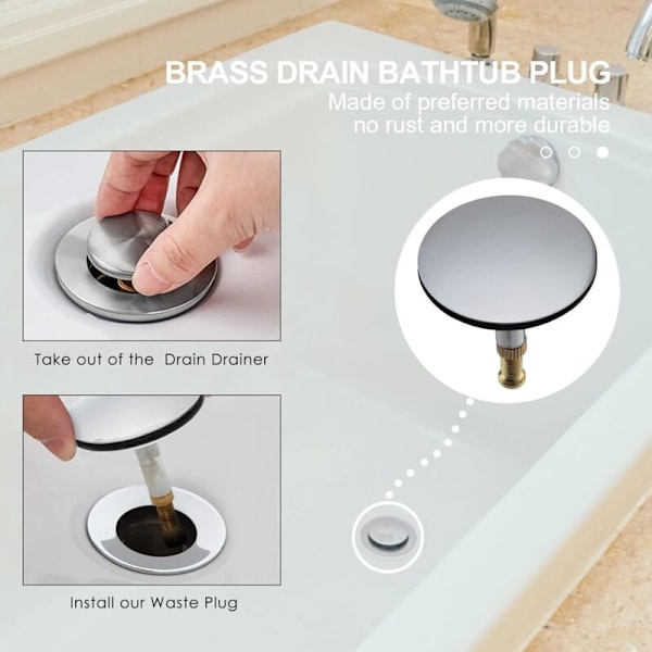Universell Badekarplugg Ø 43 mm, Messing Avløpsplugg med Forkrommet Overflate, Rustfri, for Vanlig Badekaravløp, Justerbar Høyde 50-55 mm