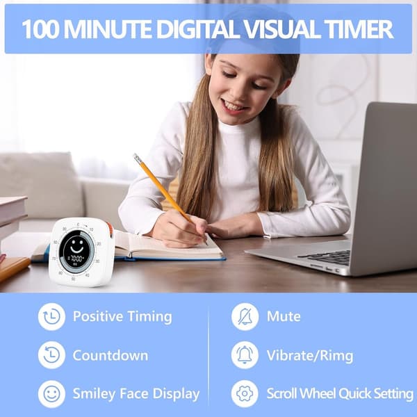 Visuel Timer, 100-Minutters Nedtælling Med Statuslinje, Lydløs/Vibration, USB-C Genopladelig Til Køkken, Skole Og Kontor, Hvid