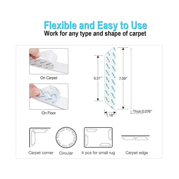 Mattgripare Anti-Slip Matte, 24 stk Dobbeltsidig Anti-Krøl Matte Gripper - Hvid