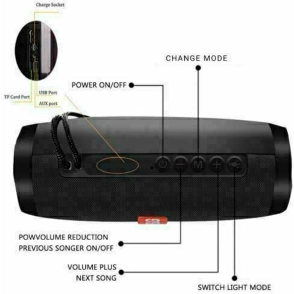 Trådlös Bluetooth-högtalare med kraftfull utomhusbas, FM-radio och LED-lampor (svart)