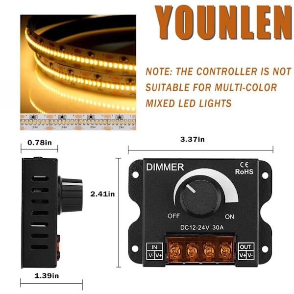 LED-pyöritettävä himmenninkytkin himmenninohjain DC 12V-24V 30A PWM-himmenninnuppi kirkkauden säätöön (2 kpl)