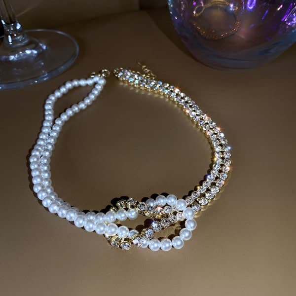 Enkelt sæt med diamantperle patchwork kort choker temperament design betydning halskæde_yux