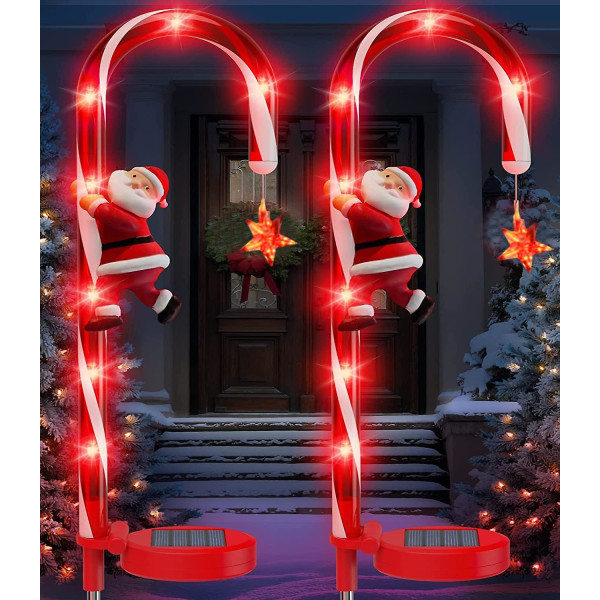 Solcellelamper Utomhus Hage Vanntett, Power Candy Cane Lys med Julenissen Stjerner Hage Dekorasjon Solcelle Stake Lys (d-4-d0)