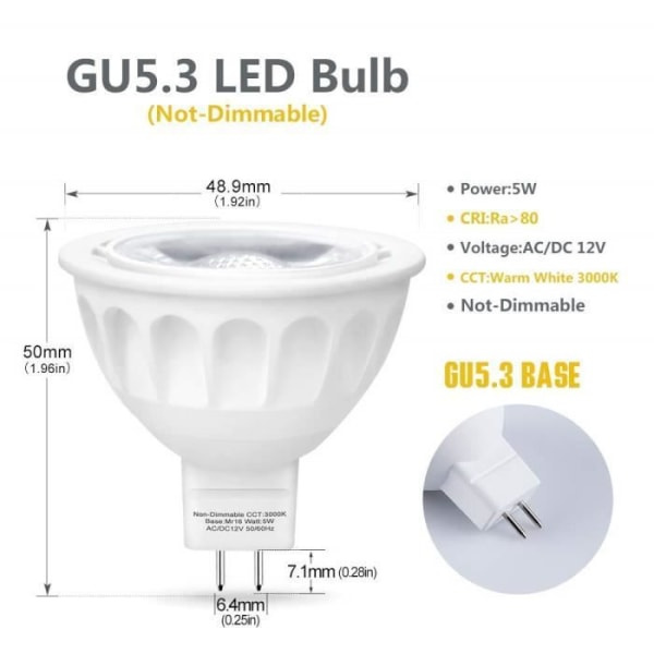 LED Gu 5.3, 5W MR16 Gu5.3 Spot LED, Ækvivalent 50W Halogenpære, 500Lumen, Varmt Hvid 3000K, MR16 LED, AC/DC 12V, (Pakke med 6)