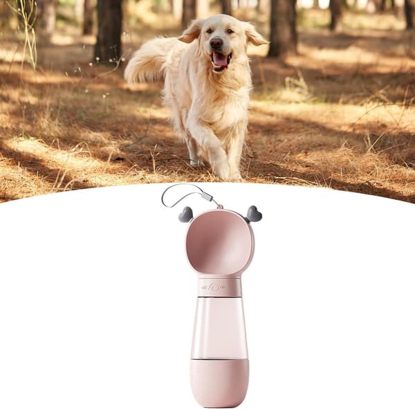 Hundevandflaske med foderbeholder, gennemsigtig HIPS og PET, bred åbning, til gåture, 350 ml + 200 ml, pink